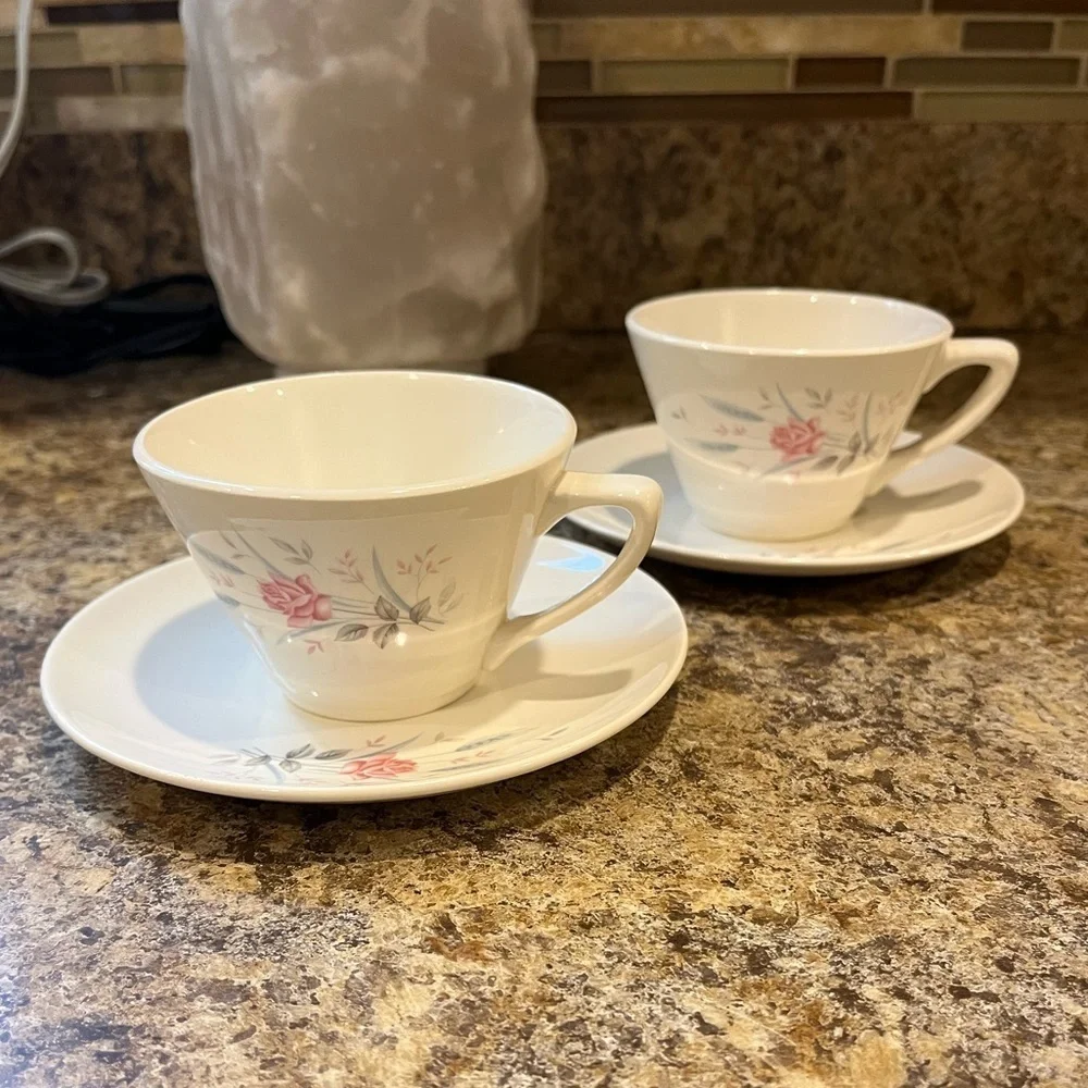 Vintage California Pottery USA Tea Cup and Saucer Pink Rose Grey Wheat Pattern